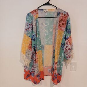UMGEE Patchwork Kimono, Boho, Fringe Sleeve, Blue Yellow Orange, Large